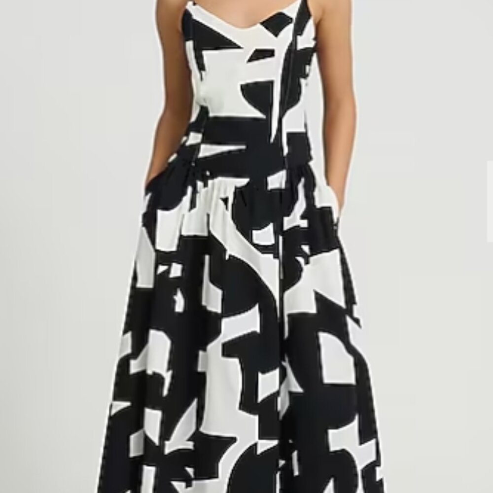 Express Black and White Drop Waist Midi Dress